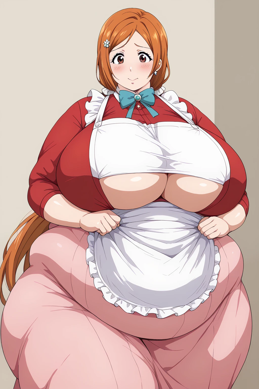 inoue orihime, Orihime Inoue,  long hair,  orange hair, (brown eyes),low ponytail, I'm tying my hair in one at the back, ((Pink Skirt)), Long Skirts,((red blouse shirt)), (( white apron)),White scrunchie,  score_9,  score_8_ up,  score_7_ up,  score_6_ up,  score_5_ up,  score_4_ up,  Masterpiece ,  top quality , Very aesthetic,   absurd,  Source_Anime, Anime screencap 一人の女性、Alone、 personal 、Super huge breasts, ((( super huge clevis 、Super huge, Super huge boob))),Curvy、 Wide Hips、 embarrassed expression、 indoor、Fat body,  in her 20s,  obese , chybby, weight gain ,  embarrassing expression ,  sloppy stomach、blush, Mature Woman, milf, Fat face, double chin ,  troubled expression, Married Woman, 40 years old