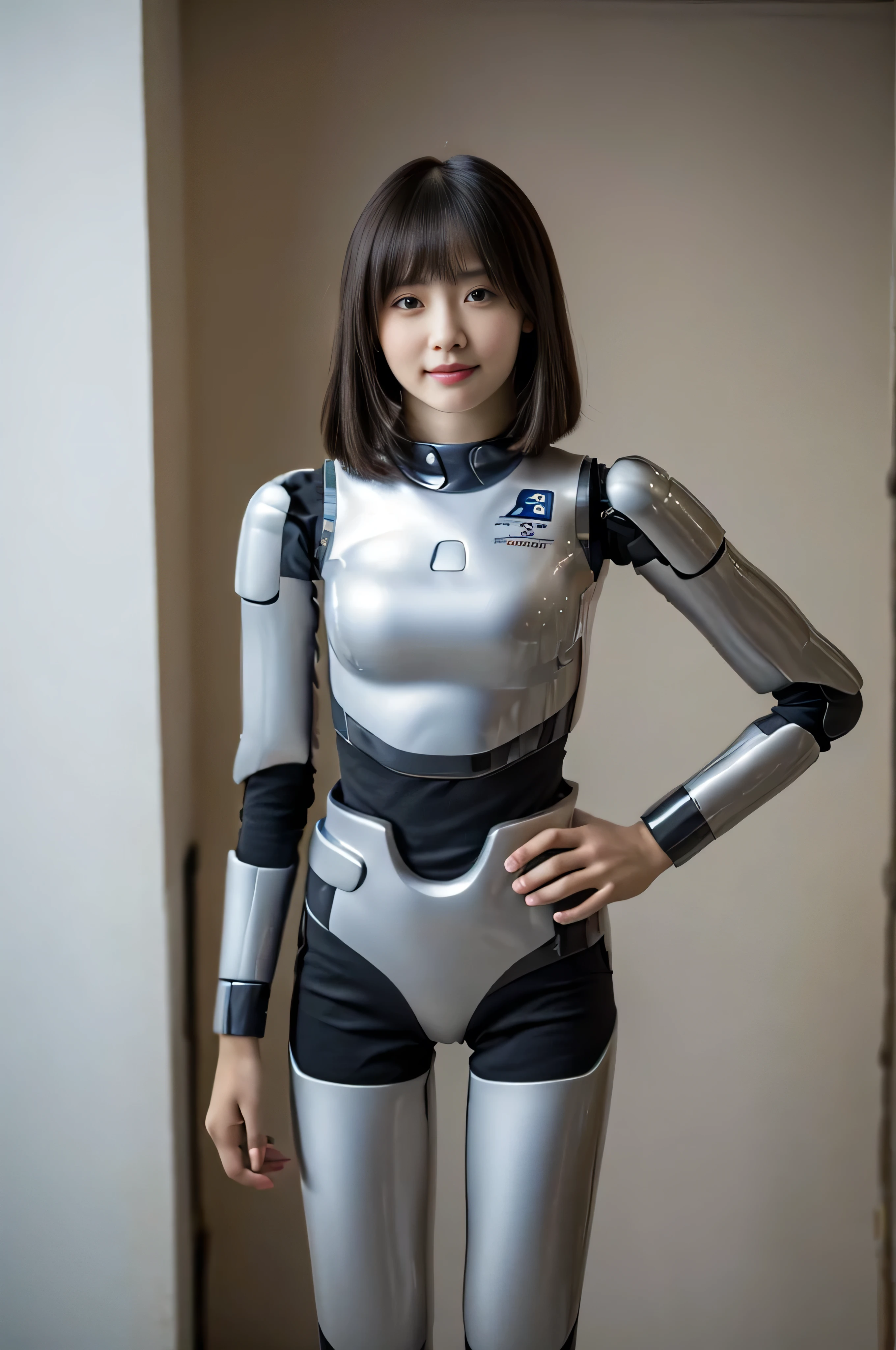 table top, highest quality, figure, super detailed, finely, High resolution, 8k wallpaper,short hair、 完璧なダイナミックな構figure, beautiful and fine eyes, Robot suit，Natural Color Lip, smile、18 year old girl，Wearing hrp-4c's robot body suit、plump thighs、shortcut, masterpiece, best quality, extremely detailed, (8k, 4K, Best Quality, hight resolution, 超A high resolution:1.1), 8k portrait,1girl in, Japanese Android girl,android teacher,Plump , control panels,android,droid,Mechanical Hand, ,Robot arms and legs, Black hair,Mechanical body,Blunt bangs,White Robotics Parts,perfect robot woman,Charging spot,Long Tube,A thick cable was connected to her neck,ceramic body ,android,Robot Humanoid,a bit chubby,panty,full eyes,perfect mechanical body,white robotics body,future assembly plant,white body,She has repaired,black sponge joints,android,perfect machine body,white robot body, body by hrp-4c, blue eyes, cute face shape, 18 years old, hrp-4c's robot body suit, robot suit from HRP-4C