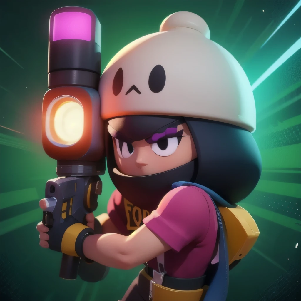 a close up of a person holding a gun and a flashlight, brawl stars, arte de respingo brawlstars, ,  blaster fire bright as neon ,  game character , in game style 8k, merged character ,  Fortnite art style ,   Stylized character  ,  holding a blaster , slick clammy skin, Clash Royale Style,  mobile game style , new character