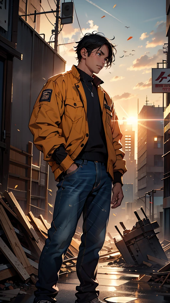 “A 35-year-old Japanese man with short, neatly kept black hair, wearing a work jacket and jeans, standing on a construction site. His expression is serious and determined, as he looks into the distance. Behind him are piles of rubble and metal scaffolding, with the city skyline in the background. The scene is dimly lit, with the sun setting, casting a warm but tense atmosphere. Dust is floating in the air.”