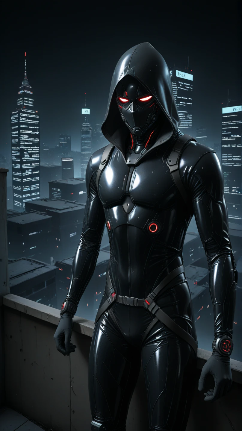 A full-body image of a muscular adult male.black leather full-body image 、and hood, a hooded person in invisible armor . wears leather armor, Tights.epic ninja suit, rogue.Leather fit to cover the whole body. smooth leather .Boy Teenage Assassin , stealth suit , cyberpunk assassin , stand on the roof of a skyscraper. . black night . Dark atmosphere .Low light.Weak lights cast dramatic shadows. Weird cyberpunk atmosphere . cyberpunk city.Futuristic tech style,robot,mecha skin,latex bodysuit .whole body image.Handheld composite mechanical giant bow
