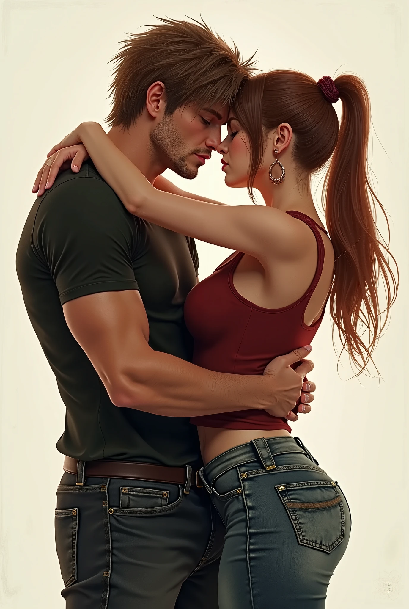 (masterpiece, best quality), 1girl and 1 man, claireredfield2, wear jeans, kiss the man , girl back, the man is pressing girl against the wall, indoor