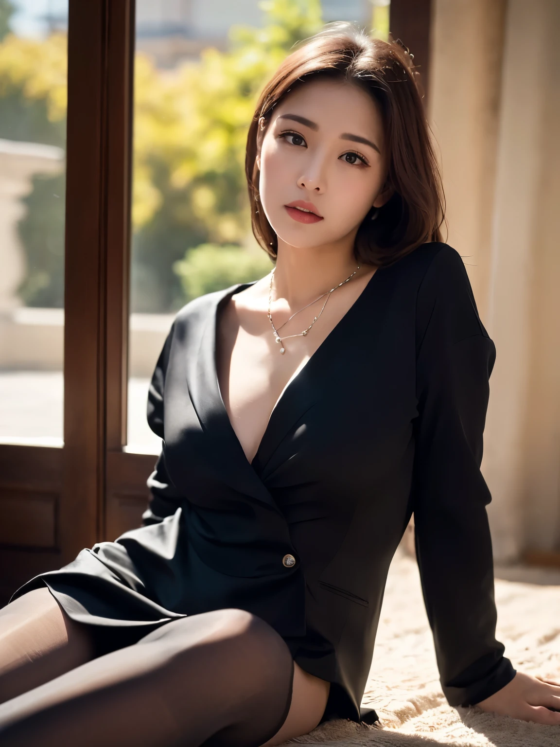 ((Realistic lighting, Highest quality, 8K, masterpiece:1.3)), A beautiful widow in an elegant black dress, Wearing a black jacket、 (Wearing ultra-realistic pantyhose)、Elegant pearl necklace、Ephemeral expression、Funeral、Lonely、sad、Ephemeral、My heart sinks、With tears、