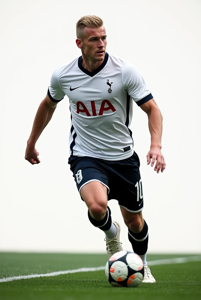 {{{Tottenham}}}, light, white uniform, {{white nike soccer jersey}}, {{{best quality}}}, {{{realistic}}}, Detailed facial description, realistic 눈동자, Handsome man, realistic 유니폼 주름, well proportioned