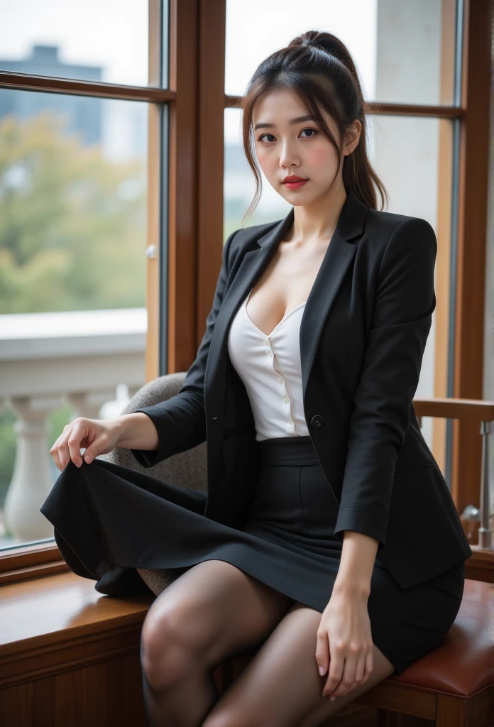 (best quality、masterpiece、Official Art、high resolution:1.2)、Highly detailed CG 8k wallpaper、Vivid pictures、Very detailed、(only girl:1.2)、Miss, (High Detail Skin:1.2)、secretary、formal, , Wearing a black suit,　Black jacket, (White shirt with open chest), Black pencil skirt, Skirt and thighs、Lift up your skirt，Show your thighs、（Super realistic black pantyhose:1.3), (High Ponytail:1.4), Sitting by the bay window、High heel、full-body shot