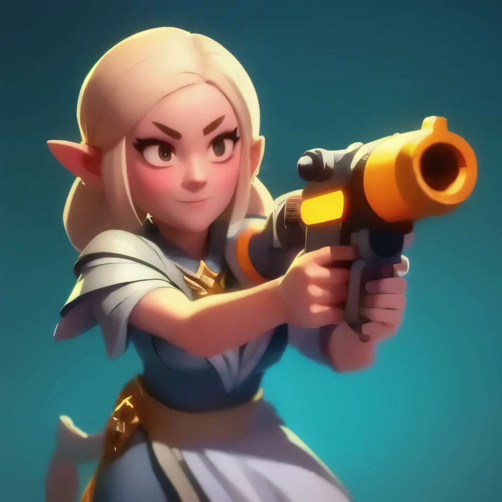 a close up of a person holding a gun and a flashlight, ((galadriel in epic glorious pose)), brawl stars, arte de respingo brawlstars, ,  blaster fire bright as neon ,  game character , in game style 8k, merged character ,  Fortnite art style ,   Stylized character  ,  holding a blaster , slick clammy skin, Clash Royale Style,  mobile game style , new character