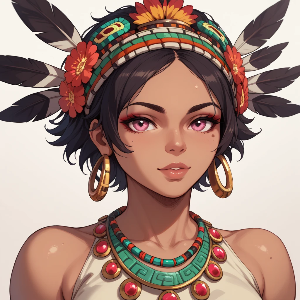 Aztec girl with short hair and pink eyes with a plume on her head and with six coats of arms