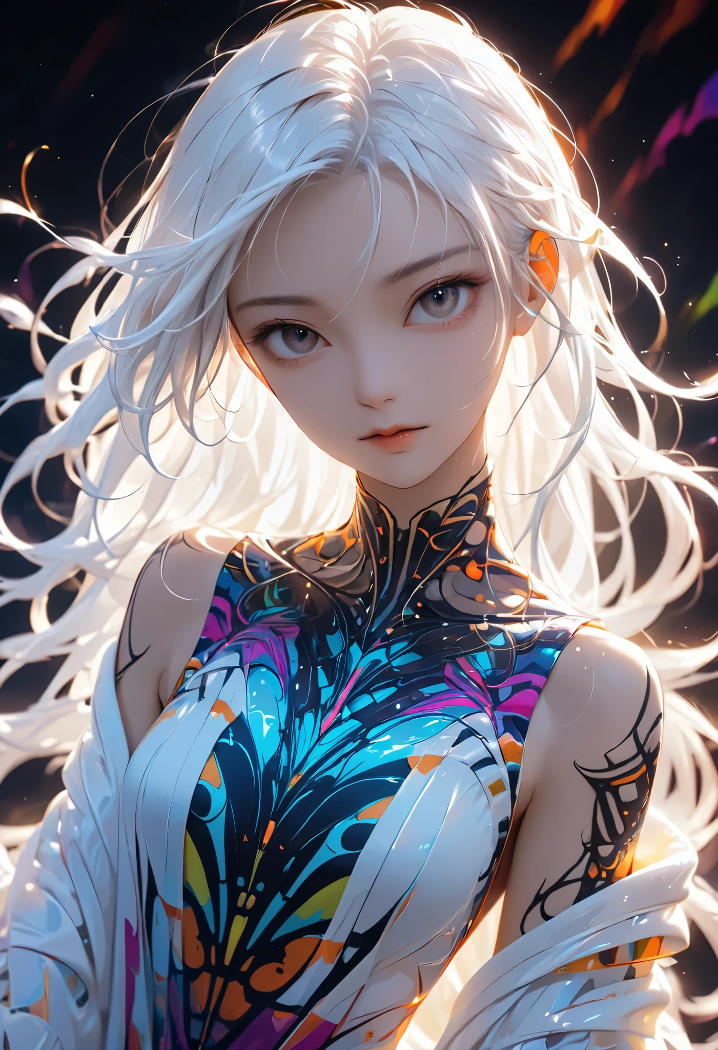 masterpiece,  High Quality ,  high res, 8k, (Alone:1.2), (( One girl )),  Japanese woman,  detailed face ,  detail eyes, correct body structure,  upper body, ((White Hair:1.2)),  long hair,  messy hair,  slender body,  Fascinating Silhouettes , Glorious skeleton,  depth of field , Dark photo at night,  dimly illuminated , bangs,  cinematic lighting, tyndall effect,  abstract background , Futuristic costume,  bright colors ,  modern style,  wide sleeve, Artistic,   unique pattern ,  colorful ,  chest , trend