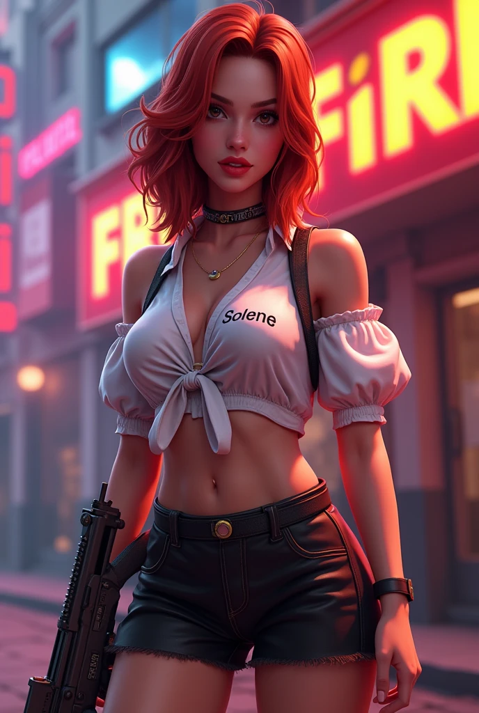Freefire game style character all sexy, of skin jambo, short medium copper red hair, dark brown eyes, wearing red lipstick, wearing a low-cut white blouse with SOLEMN written on it and a short black skirt, high white shoes, holding a beautiful mp5 and making a stylish pose, with colored background and the name of the game FREEFIRE behind.