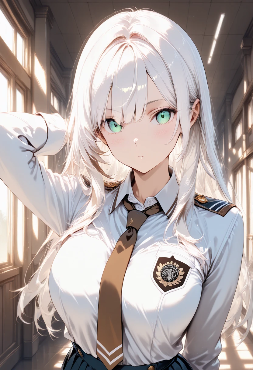 1girl, green eyes, arm behind head, white hair, long hair, school outfit, brown tie, white uniform combined with some brown accents, looking at viewer, hallway