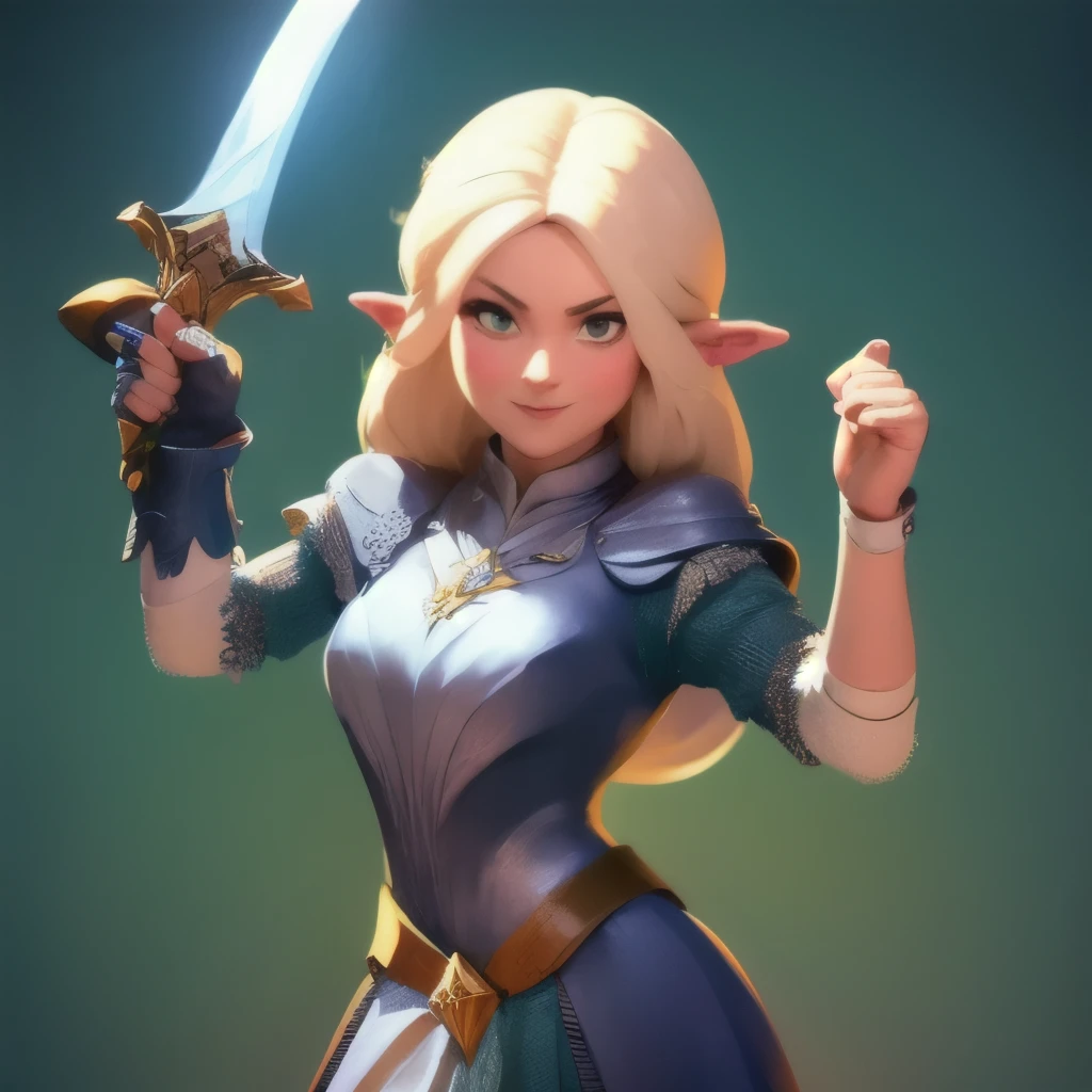 a close up of a person holding a sword and a flashlight, ((galadriel in epic glorious pose)), brawl stars, arte de respingo brawlstars, ,  blaster sword bright as neon ,  game character , in game style 8k, merged character ,  Fortnite art style ,   Stylized character  ,  holding a sword , slick clammy skin, Clash Royale Style,  mobile game style , new character