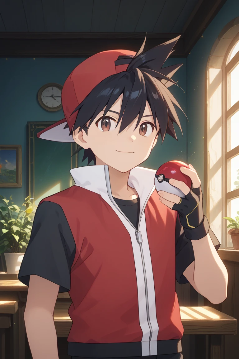 score_9, score_8_up, score_7_up, score_6_up, score_5_up,score_4_up, source_anime 
masterpiece, best quality, amazing quality, very aesthetic, absurdres, newest, official art,
 red_sp, black hair, brown eyes, backwards cap, red baseball cap, black shirt, red vest,  1boy, male focus, solo, poke ball (basic), poke ball, holding, gloves, holding poke ball, fingerless gloves, smile, shirt, closed mouth, upper body, short sleeves, bangs, looking at viewer, black gloves,hair between eyes, short hair,backwards hat,hand up,big penis,white socks,,full body,bl,gay,yaoi,nsfw,nipple ring,pubic tattoo,cock ring,