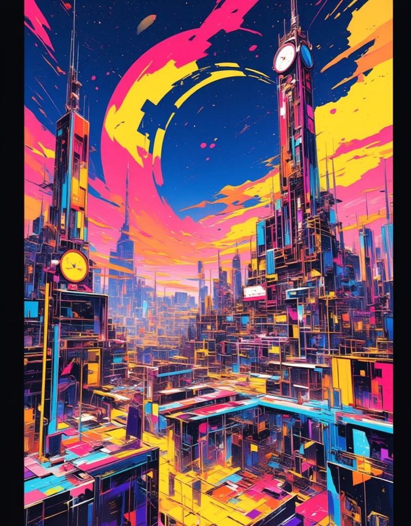 Ligne claire, Vincent Mahé art, Stylish graphic design, Graphic design-style layout and color sense, painting of a futuristic city with a clock tower and a clock tower, martian city, space opera and dystopian style, Ultra Wide Angle, glitch, Hutchison Effect