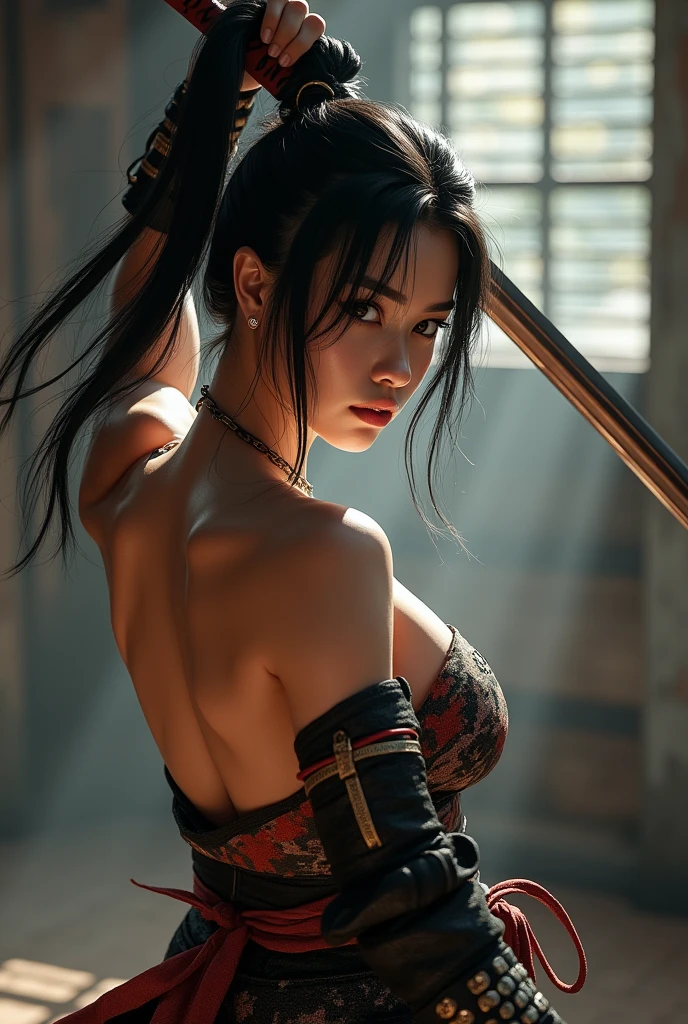 samurai woman, ((masterpiece, highest quality, Highest image quality, High resolution, photorealistic, Raw photo, 8K)), ((Extremely detailed CG unified 8k wallpaper)), (huge stunning goddess shot, very hot and sexy, sexy revealing samurai armor with a sword, sensually posing for the camera laying down on her stomach, full body, jaw-dropping beauty, perfect proportions, beautiful body, slim body beauty:1.4),
