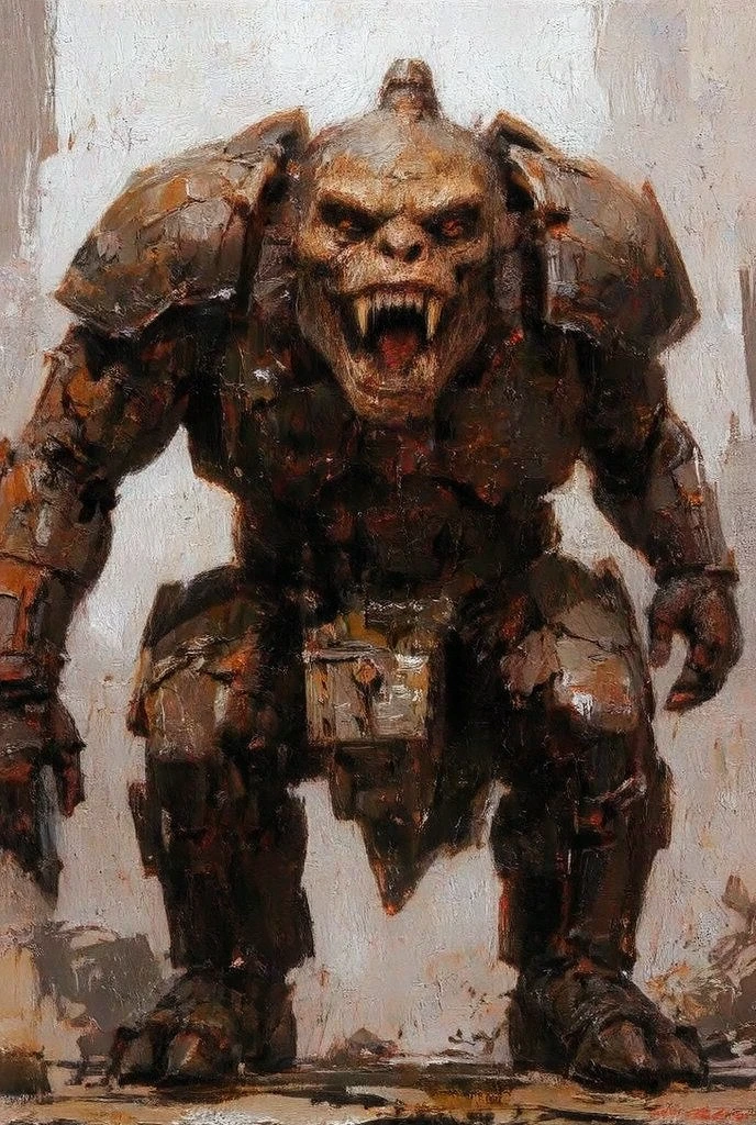 ((masterpiece:1.2)), (( top quality :1.2)), Oil painting, 1 monster (( monster with huge mechanical devices , Dinosaur-like sharp fangs and fearsome expressions ,  body covered with armor and gears ,  knuckle walk while sticking huge arms to the ground like King Kong,  forward leaning position:1.3)),  mechanical leg, A person pilots,  armor painted in tan color ,  peeling paint , weathering, rust,  exposed mechanical parts,  Intricate Details, background\( Ruined City, Deserted city ), Mr.々Effects ,  delicate and dynamic texture ,  super detailed  ,  absolute resolution  ,  top quality , masterpiece ,  Cinematic Lighting  ,  Volume Fog ,  Dynamic Camera Angle 