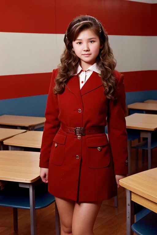 Kazakh teen girl, long brown curled hair, 1980s hairstyle,double lid eyes, slender body, rosy cheeks, 5'3, 1980s Soviet highschool uniform, full body, in Soviet classroom, standing up, avoid NSFW