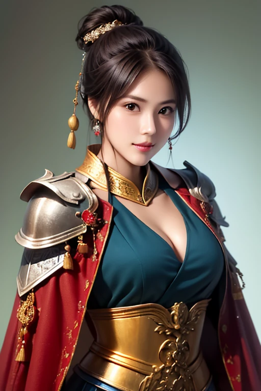 ((The upper body of a female warrior wearing gold and red armor and a cloak:1.4)),1 person,  black hair,  belly shortcut   ,Big breasts and cleavage,  high-definition face and skin texture  ,  staring at the camera,   Chinese Warrior:1.2,  perfect beauty: 1.4, fine grain,  double eyelids in a judo suit ,  whitening for women with bristles, top quality ,  super high res ,  simple background，Symmetrical Normal Eyes   , hair accessories, Slim Waist ,