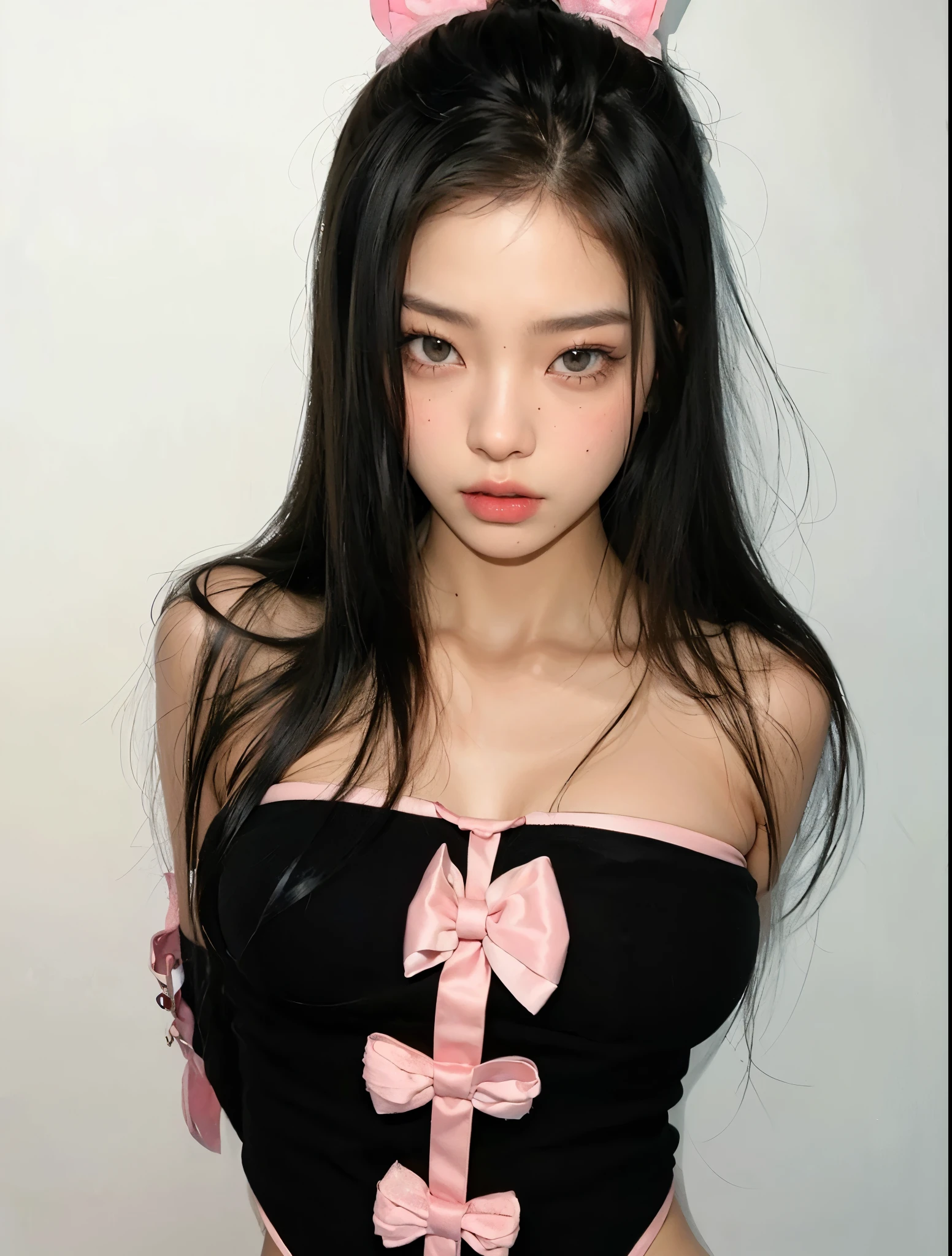 8k, best quality, masterpiece, ultra highres:1.2, RAW photo), (realistic, photo realistic:1.33), Photo of Pretty Japanese doll, 1girl, solo, pretty doll, long hair, (bangs), brown hair, double eyelid, dark eyes, cosmetic contact lenses, big eyes, perfect anatomy, golden ratio, detailed beautiful face, solid circle eyes, (perfect eyes, detailed eyes), (detailed facial features), beautiful and clear eyes, detail eye pupil, aquiline nose, lip gloss, lips, cheek, blush, beautiful makeup, fair skin, shiny skin, slender body, thin thighs, narrow waist, beautiful hands, white tank top, tank top, bratops, spaghetti strap, denim shorts, belly button, shoulders, front