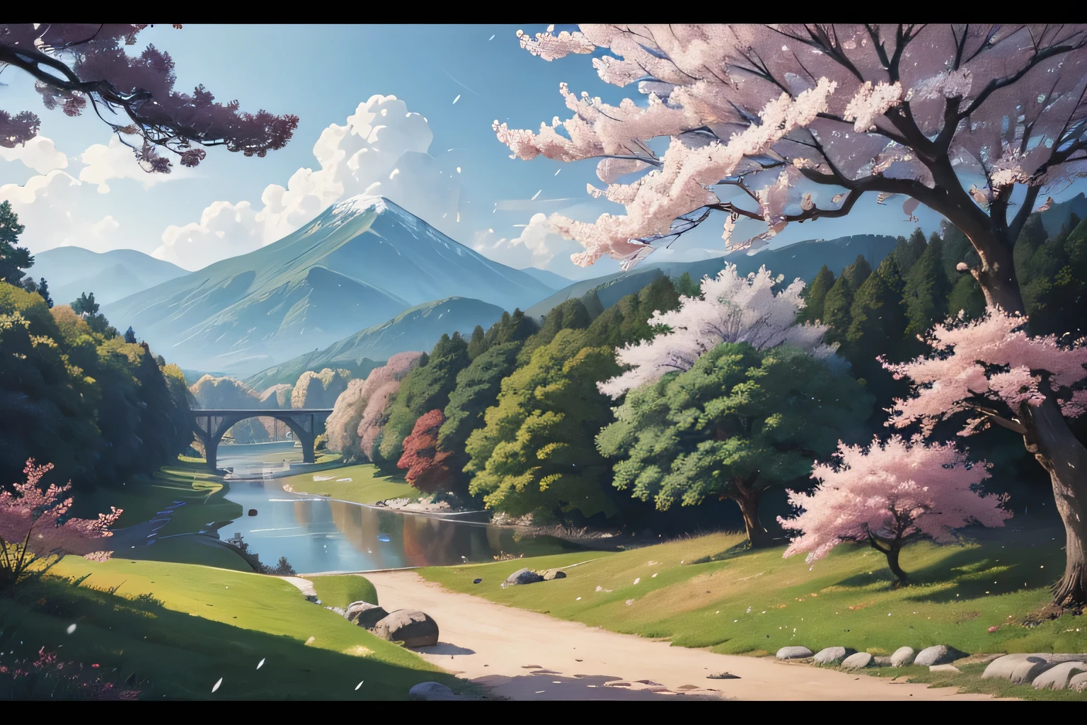 Painting of a river with a bridge and mountains in the background ...