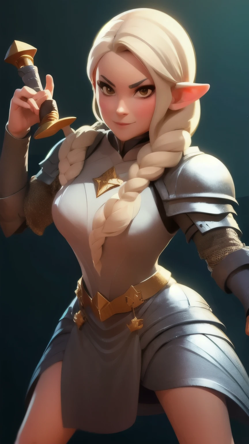 a close up of a person holding a sword and a flashlight, ((galadriel wearing a Full armor, in epic glorious pose)), brawl stars, arte de respingo brawlstars, ,  blaster sword bright as neon ,  game character , in game style 8k, merged character ,  Fortnite art style ,   Stylized character  ,  holding a sword , slick clammy skin, Clash Royale Style,  mobile game style , new character