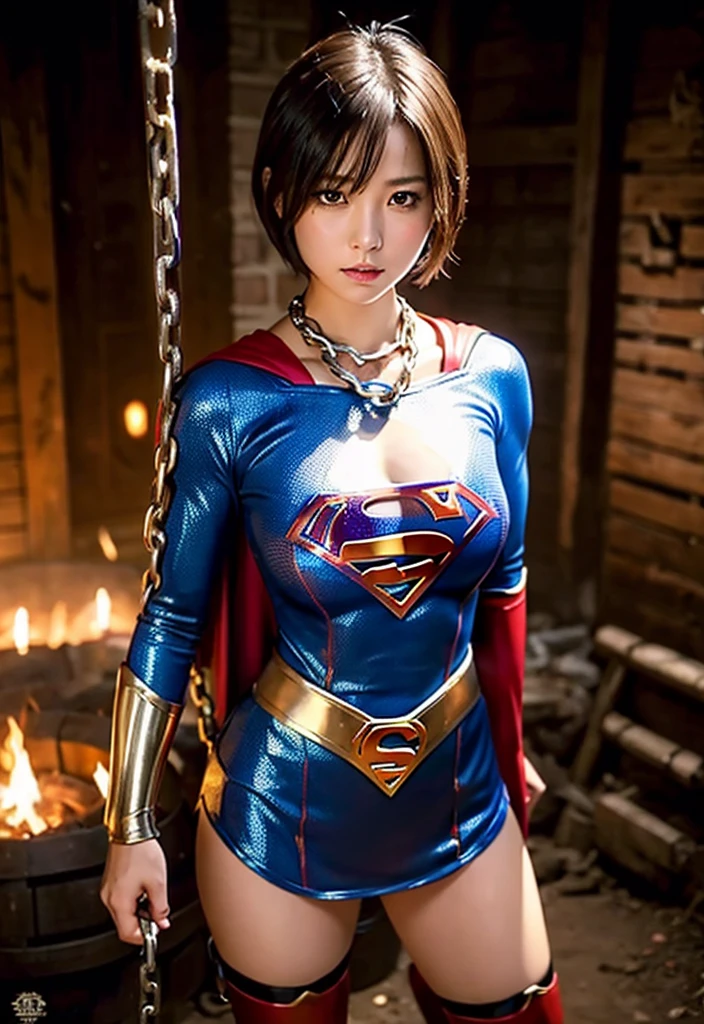 masterpiece、Supergirl Costume、short hair、barefoot、Big and ample breasts、Crisis situation、Complete surrender、Inside the prison、torture chamber、Abuse、Humiliating torture、Crouching pose、shiny sweaty skin、Looking into the camera、choker、Long sleeve、Sexy poses to seduce、Off the shoulder、latex、From the front、Crotch tearing、athlete、High Leg、Promotional Photos、