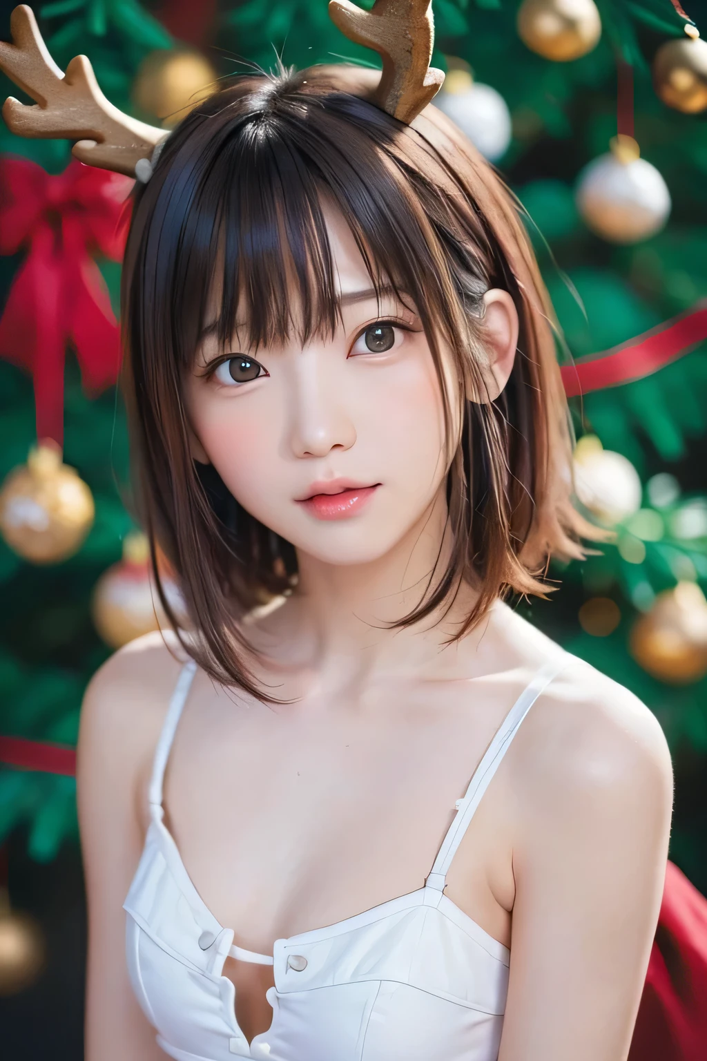 (masterpiece、 top quality 、 Super detailed description、 super high res)、(Face Shot:1.4)、 girl、solo、((small chest))、cute、 idol face、( realistic skin:1.2)、(( Christmas tree background))、( Background Blur:1.3)、、Front closure、( reindeer:1.1)