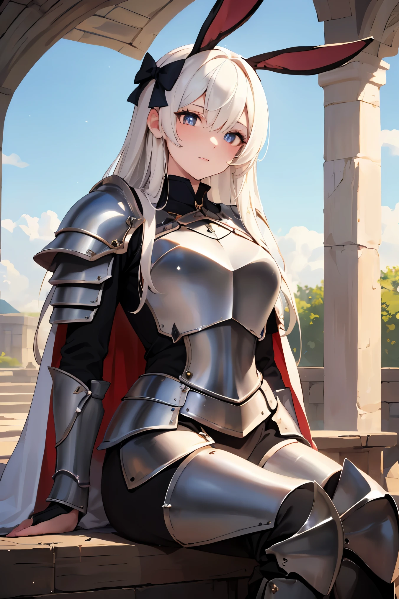 ((Best quality, 8k, Masterpiece: 1.3)), Sharp focus A beautiful woman with perfect body, Highly detailed face and skin texture, (Detailed eyes), rabbit ears, hime cut, white hair, hair bow, ribbon, pupils sparkling, tareme, (knight wearing steel armor), cowboy shot, sitting, white cape