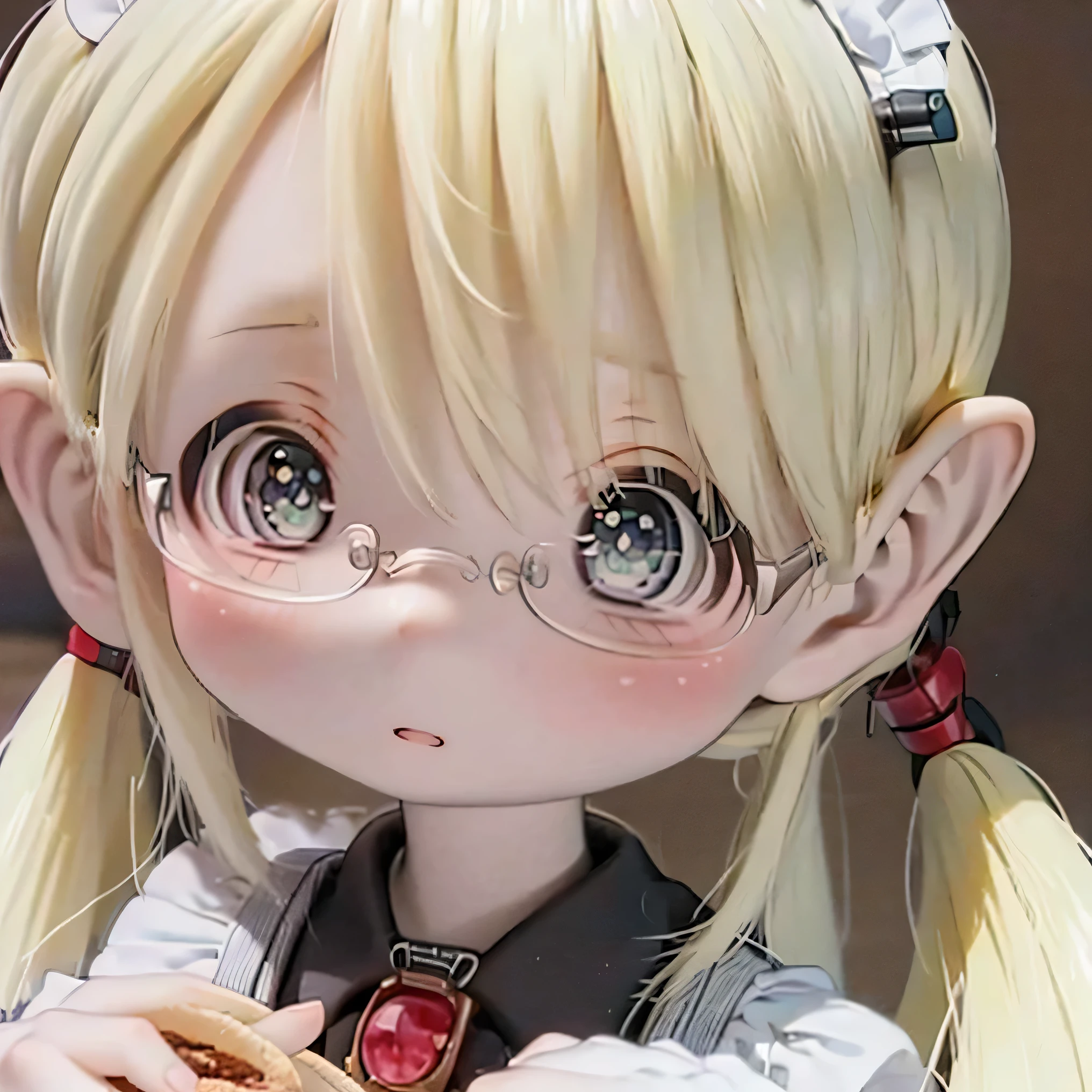 a young maid girl in the anime "made in abyss" with long sleeves, black rim glasses, eating food, highly detailed, realistic, 8k, photorealistic, masterpiece, intricate details, beautiful detailed eyes, beautiful detailed lips, extremely detailed face, long eyelashes, warm lighting, vibrant colors, depth of field, soft focus