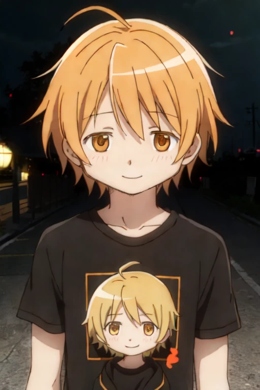 A boy with cute ahoge and dark yellow cute short messy hair and have a dark orange eyes and wearing a black shirt and he is smiling