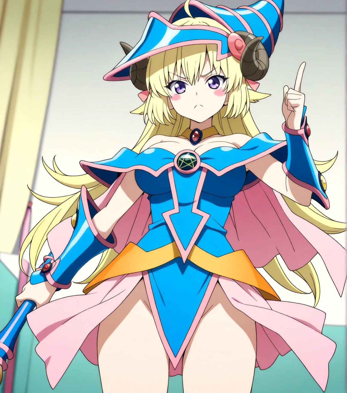 ,1girl,solo,(((masterpiece))),8k,4K,(high resolution),(((anime illustration))),black magician girl costume,tsunomaki watame,bard, ram's horns, blonde,long hair,,(tsurime),(frown),clench,ahoge, purple eyes,[[medium size breaste]], (From view),perfect finger