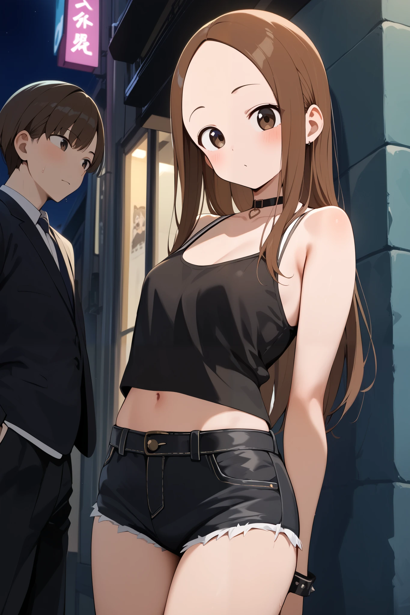 NSFW,masterpiece, top quality , high res, very detailed,Takagi\(からかい上手のTakagi\), long hair、Brown Hair、 split bangs,Forehead、clavicle,(Prostitute), Sexy Outfit ,Nightlife,Seduce