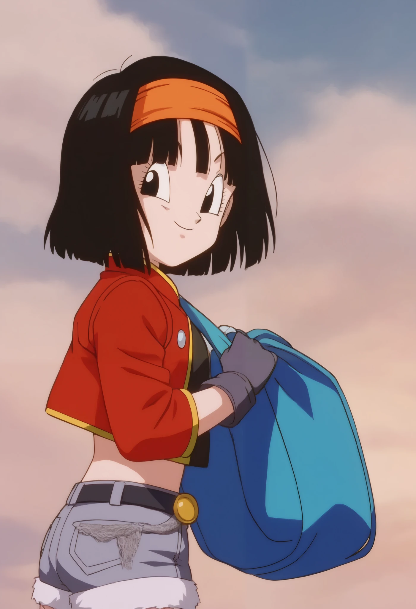 source_anime, score_9, score_8_up, score_7_up, anime screencap, absurdres, high quality,
pan \(dragon ball\), xeno, official style, 1girl, solo, looking at viewer, black eyes, smile, closed mouth, short hair, black hair, bangs, orange hairband, red jacket, green short shorts, long black stockins, from side, dusk, cloudy sky, outdoors, portrait, close-up
 