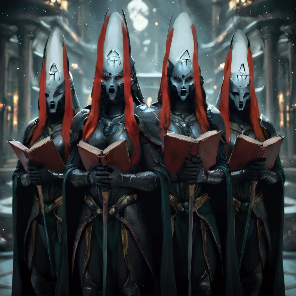 4girls, eldar, redhead, white armor, helmet:1.5, howling banshee, rune, obscured face, mask, Aeldari armor, streamlined armor, full body armor, power armor, helmet, red eyes, glowing eyes 