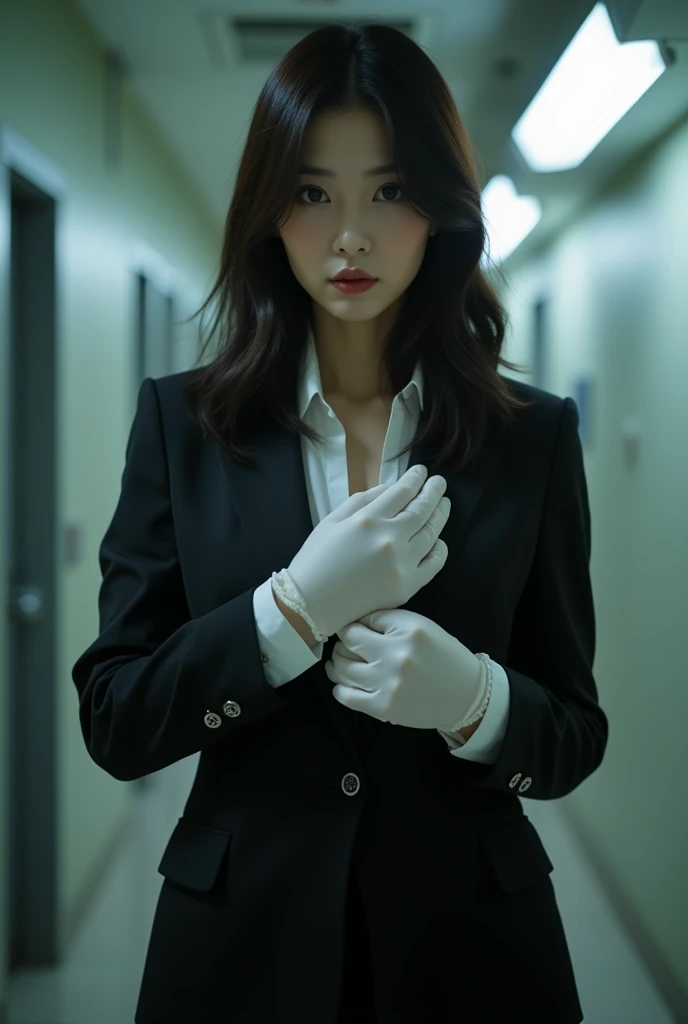 Surgeon korean girl, black surgeon gown, black long latex gloves, black mask