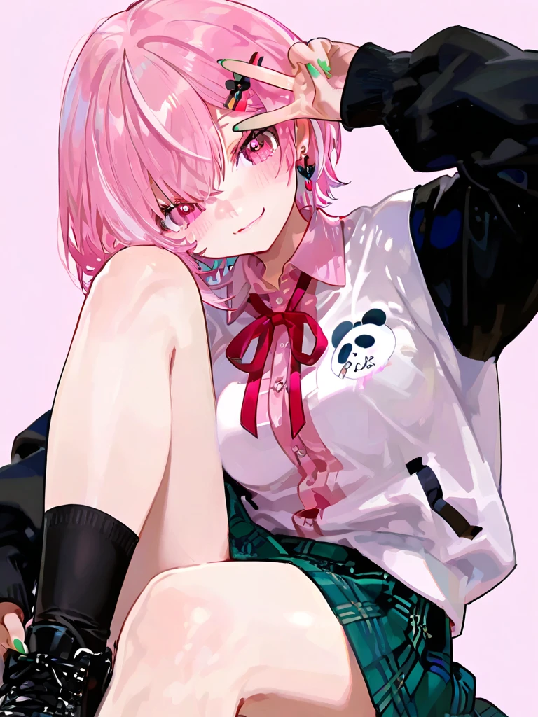            top quality,         High-quality images            ,            masterpiece,                 SasakiSaku 、    1 girl、       virtual youtuber     、     pink hair、 multi-colored hair 、     Shorthair 、 、    pink eye、green claws、   
   hair clip、     earrings for women with first name、    Animal Food     、Panda food    、Food Up、    2 tone jacket  、     white jacket、  black sleeve  、     Long Sleeve     、     colored shirt     、     pink shirt with knee 、    red ribbon tie   、     plaid skirt    、    green skirt     、 Black Socks 、Black shoes、 、  smile、    simple background、  medium breasts 、 Very large 、 Heart Eye 、v over eye 、