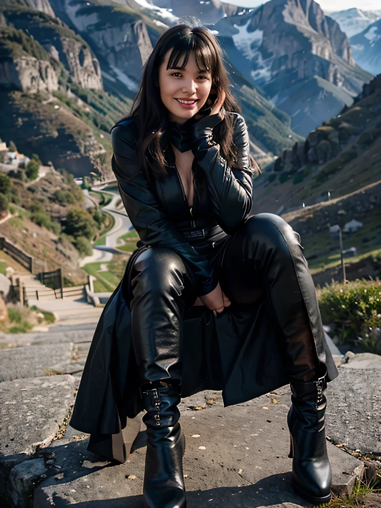 Sweaty sensual smiling betty page looking girl with and blue eyes and black leather coat soft black gloves and a skirt making love with a  trans homo on the edge of a montain  and the photo is taken from up front 