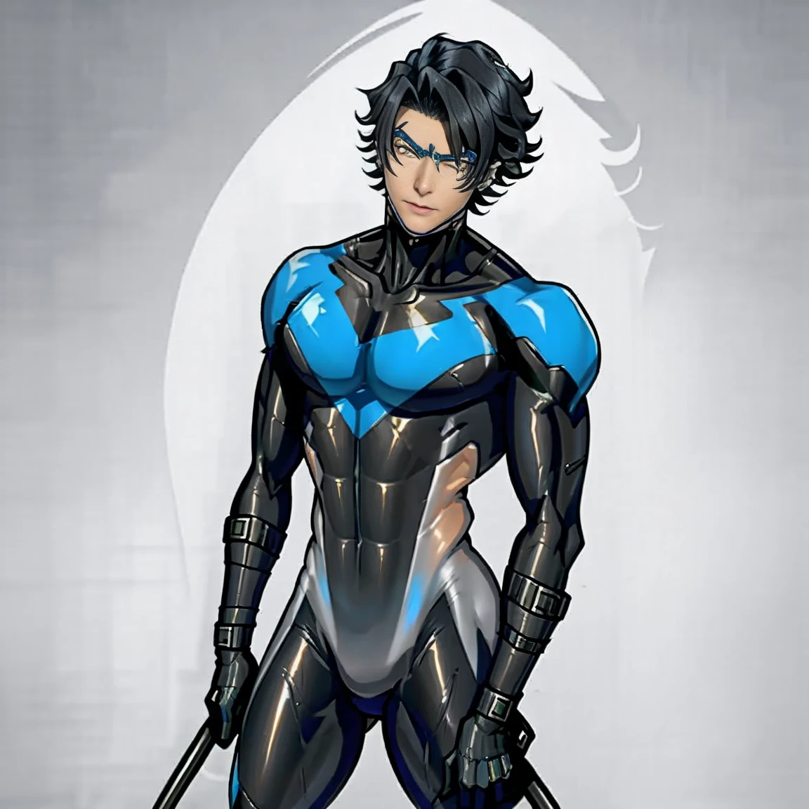   nightwingsuit, cute young man  ,   sexy body ,   tall  , Shiny black hair, upright, 