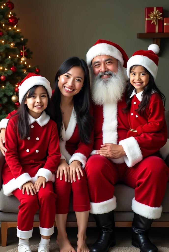 Santa Claus with children Caucasian appearance, at the Christmas tree with gifts,((Best Quality)), ((Masterpiece)), (Detailed), a perfect face, foto realista