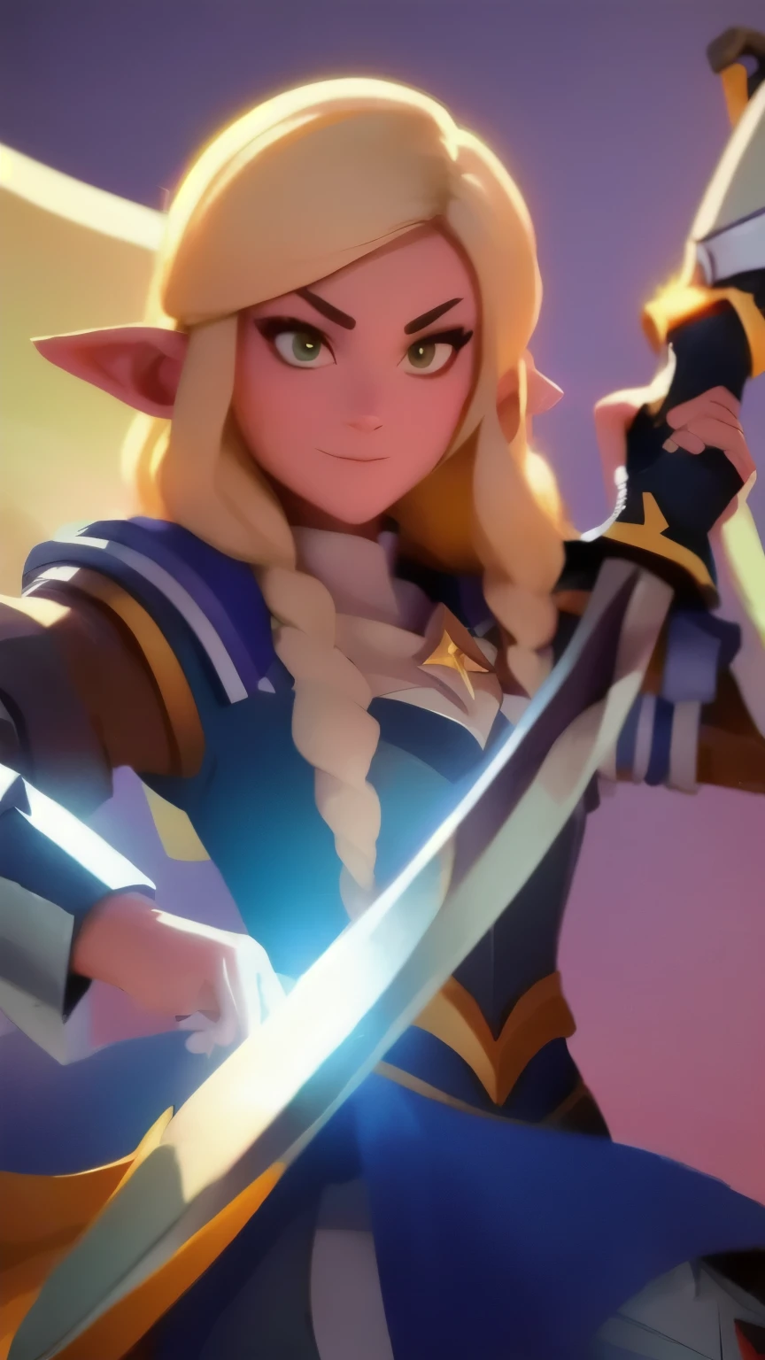 a close up of a person holding a sword and a flashlight, ((galadriel wearing a Full armor, in epic glorious pose)), brawl stars, arte de respingo brawlstars, ,  blaster sword bright as neon ,  game character , in game style 8k, merged character ,  Fortnite art style ,   Stylized character  ,  holding a sword , slick clammy skin, Clash Royale Style,  mobile game style , new character