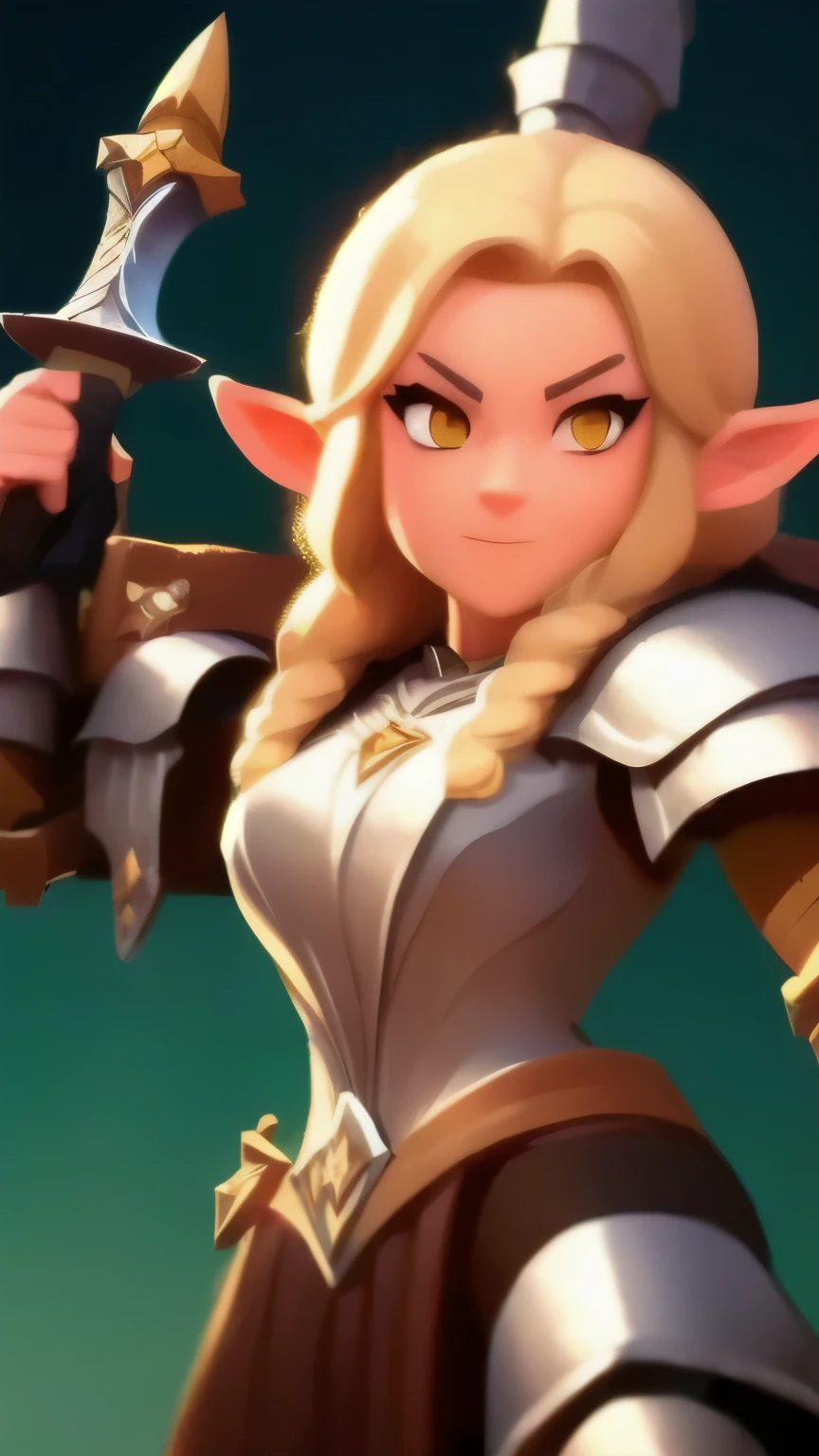 a close up of a person holding a sword and a flashlight, ((galadriel wearing a Full armor, in epic glorious pose)), brawl stars, arte de respingo brawlstars, ,  blaster sword bright as neon ,  game character , in game style 8k, merged character ,  Fortnite art style ,   Stylized character  ,  holding a sword , slick clammy skin, Clash Royale Style,  mobile game style , new character