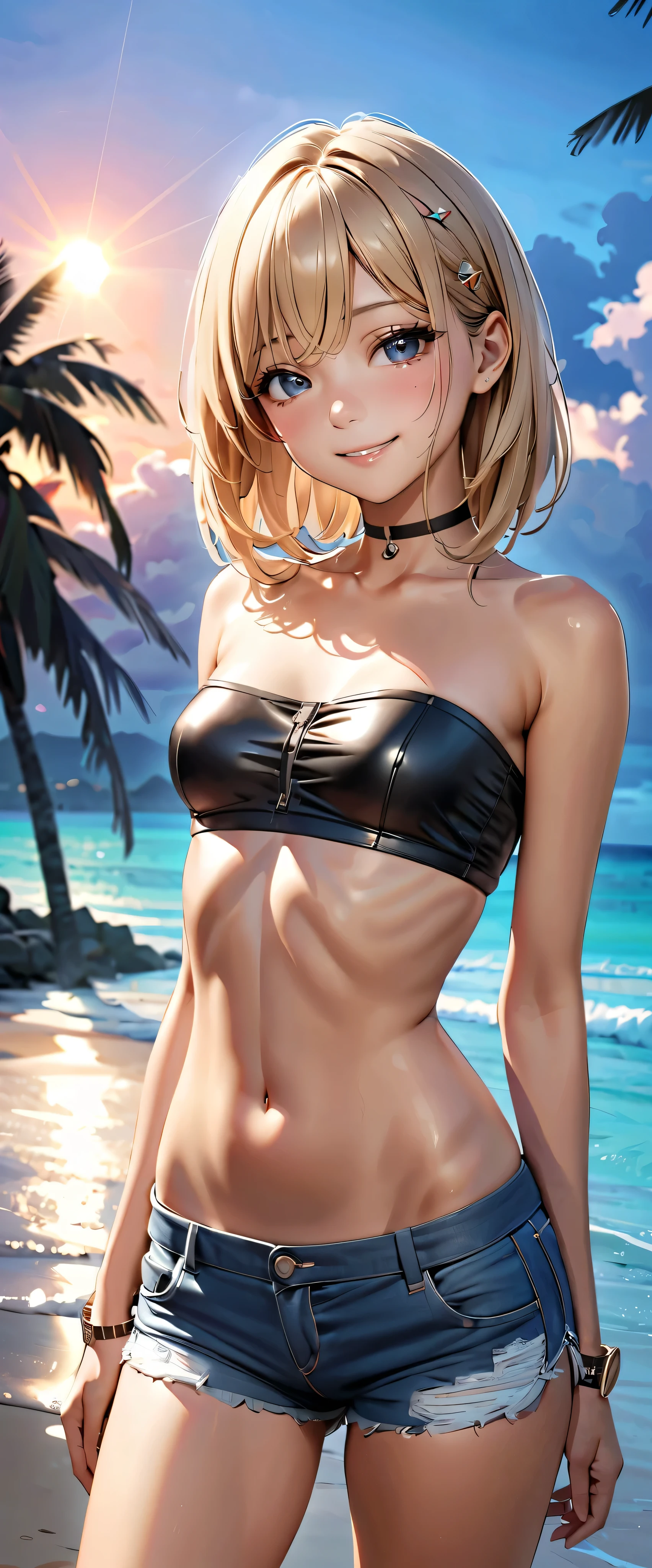  top quality ,  super high res, ( realistic:1.4), One person,   small breasts,  black chokers, smile, Exposing shoulders,  Focus Only ,  Watch viewers,Fair skin,sunset, palm trees, photon mapping,  looking up with moist eyes,  RAW photos ,  very detailed background, K-pop idol, is written by,beach, hair ornament, detailed face , pubic skin, game cg,whole body, micro jean shorts,black shiny micro tube top, Bikini Sun Marks 