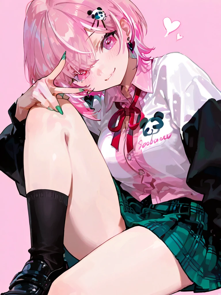            top quality,         High-quality images            ,            masterpiece,                 SasakiSaku 、    1 girl、       virtual youtuber     、     pink hair、 multi-colored hair 、     Shorthair 、 、    pink eye、green claws、   
   hair clip、     earrings for women with first name、   Animal Food    、Panda Food   、Food Up、    2 tone jacket  、     white jacket、  black sleeve  、     Long Sleeve     、     colored shirt     、     pink shirt with knee 、    red ribbon tie   、     plaid skirt    、    green skirt     、 Black Socks 、Black shoes、 、  smile、    simple background、  medium breasts 、 Very large 、 Heart Eye 、v over eye 、