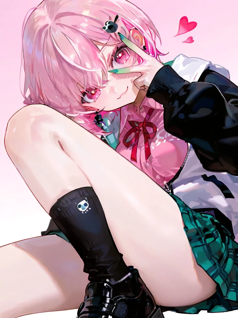            top quality,         High-quality images            ,            masterpiece,                 SasakiSaku 、    1 girl、       virtual youtuber     、     pink hair、 multi-colored hair 、     Shorthair 、 、    pink eye、green claws、   
   hair clip、     earrings for women with first name、   Animal Food    、Panda Food   、Food Up、    2 tone jacket  、     white jacket、  black sleeve  、     Long Sleeve     、     colored shirt     、     pink shirt with knee 、    red ribbon tie   、     plaid skirt    、    green skirt     、 Black Socks 、Black shoes、 、  smile、    simple background、  medium breasts 、 Very large 、 Heart Eye 、v over eye 、