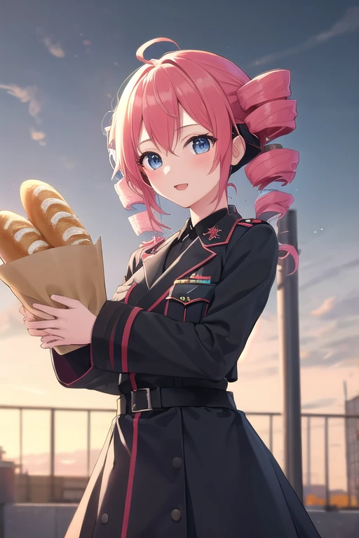 ((best quality)), ((masterpiece)), (detailed),1girl。 kasane teto。 twin drill hair。military uniform vocaloid。holding french bread。