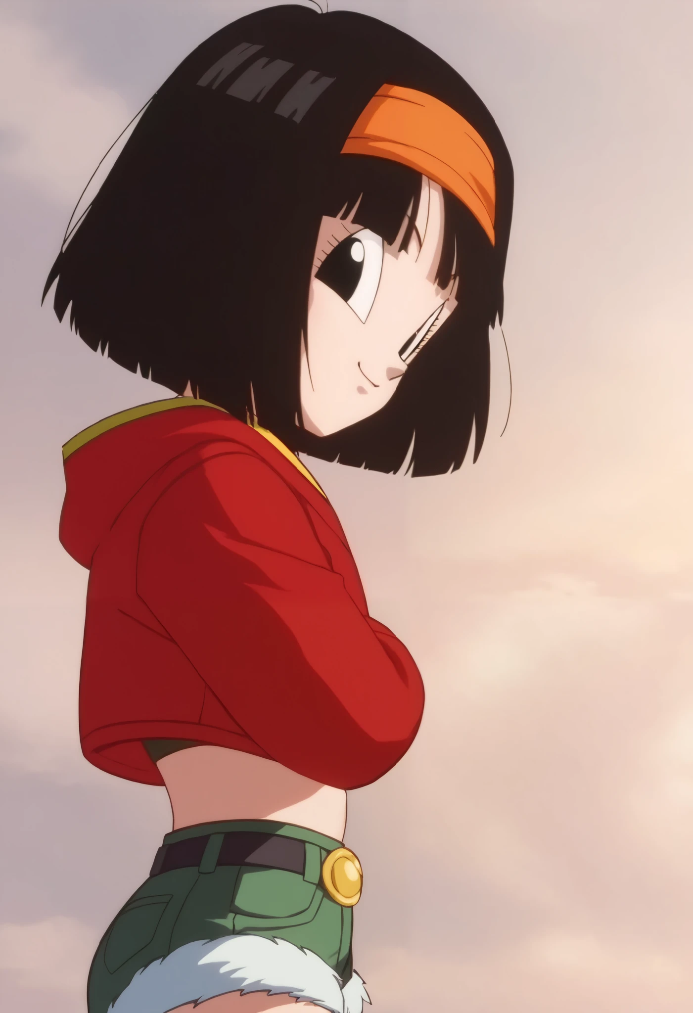 source_anime, score_9, score_8_up, score_7_up, anime screencap, absurdres, high quality,
pan \(dragon ball\), xeno, official style, 1girl, solo, looking at viewer, black eyes, smile, closed mouth, short hair, black hair, bangs, orange hairband, red jacket, (green short shorts), (dark green shorts), long black stockings, from side, dusk, cloudy sky, outdoors, portrait, close-up, single brown kneepads, winkin, 
 