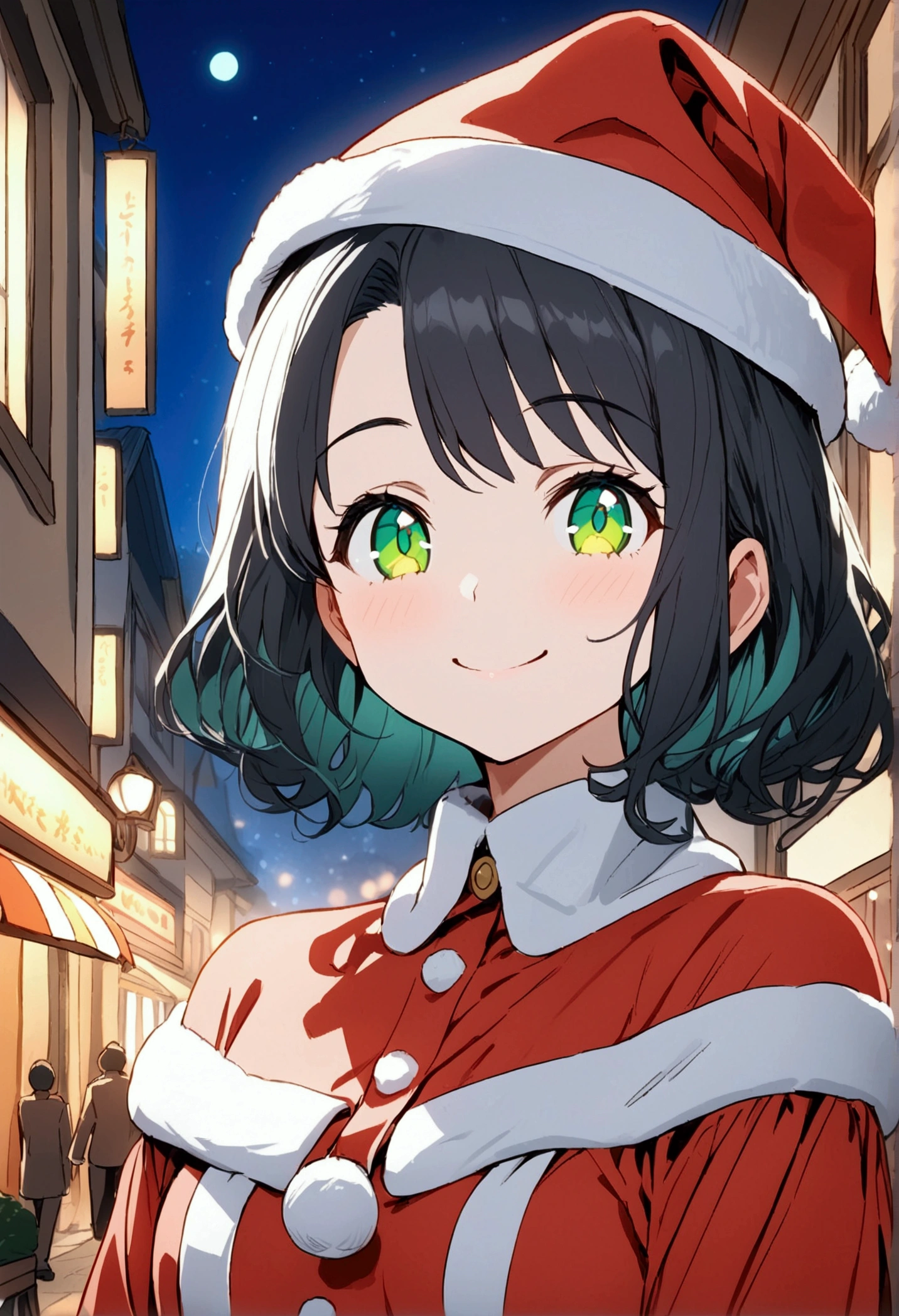 {{{masterpiece}}}, {{{ top quality }}}, {{ Ultra Detailed}}, { beautiful,  detail eyes},  One girl , Alone, (( black hair)),  bob cut, (( green eyes)), (wavy hair ), (pattsun maegami),  (cute santa hat), かわいいSanta clothes, has a smiling face,tooth,pattsun maegami,Midea,Santa clothes, jade colored eyes,Winter Town ,night
