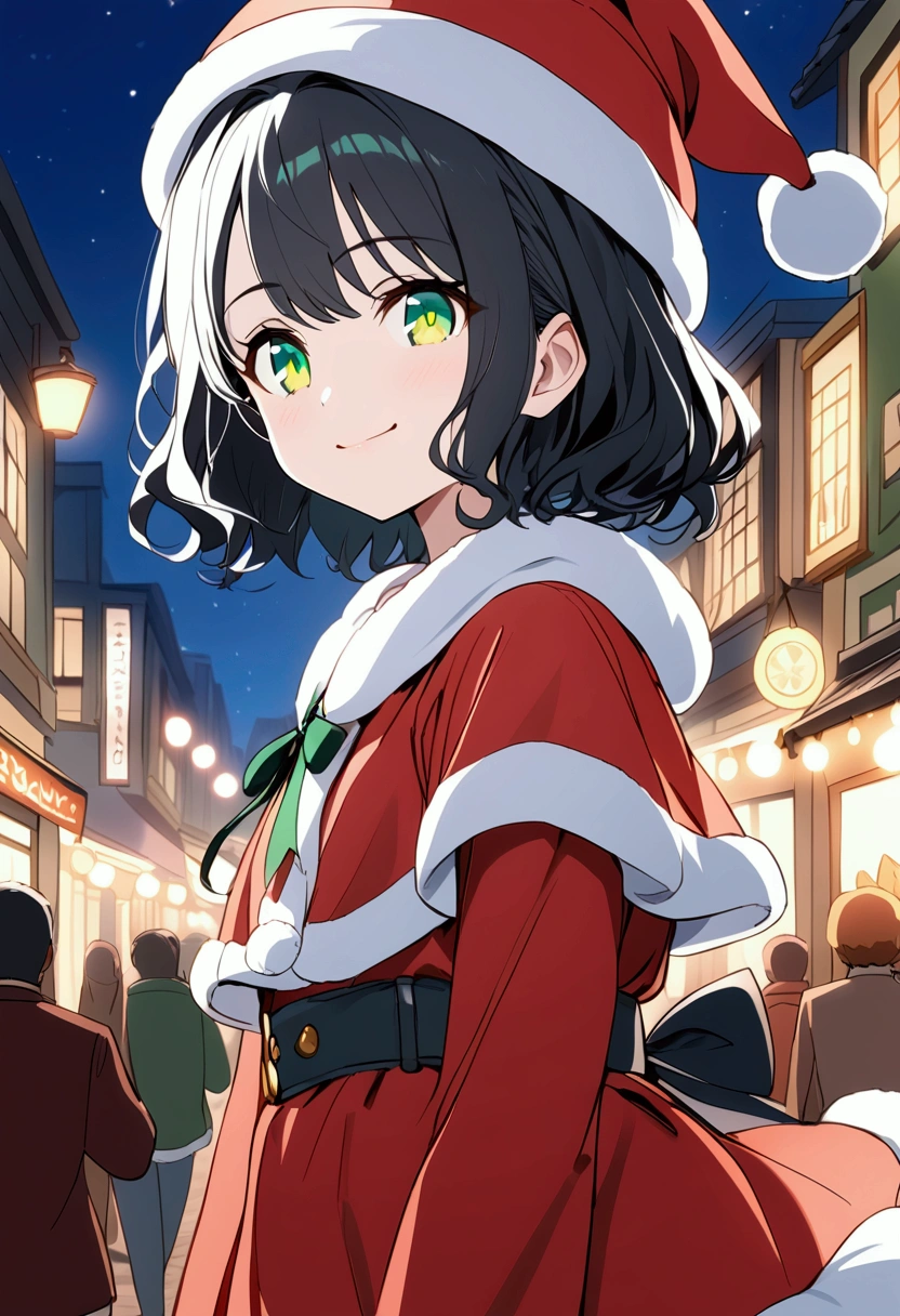 {{{masterpiece}}}, {{{ top quality }}}, {{ Ultra Detailed}}, { beautiful,  detail eyes},  One girl , Alone, (( black hair)),  bob cut, (( green eyes)), (wavy hair ), (pattsun maegami),  (cute santa hat), かわいいSanta clothes, has a smiling face,tooth,pattsun maegami,Midea,Santa clothes, jade colored eyes,Winter Town ,night
