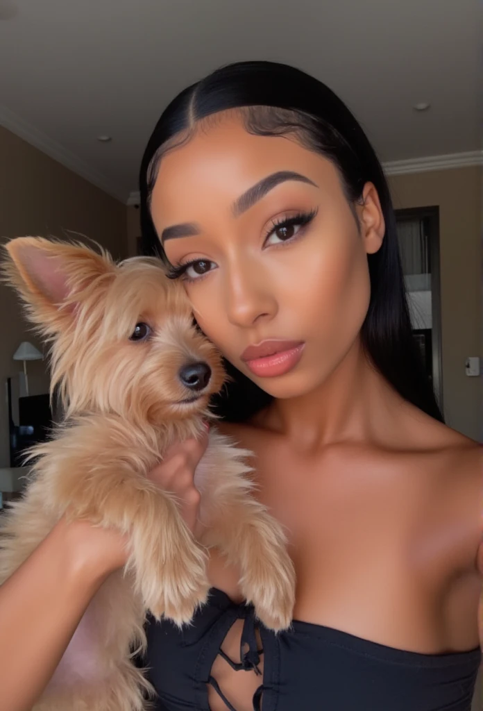 a picture of a slim thic pretty black girl from Atlanta black baddie girl with a video aesthetic with a nice define chiseled jawline with almond slanted shape eyes and she is taking a selfie at home with her Yorkshire terrier dog