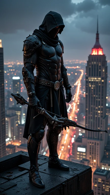 A full-body image of a muscular adult male.black leather full-body image 、and hood, a hooded person in invisible armor . wears leather armor, Tights.epic ninja suit, rogue.Leather fit to cover the whole body. smooth leather .Boy Teenage Assassin , stealth suit , cyberpunk assassin , stand on the roof of a skyscraper. . black night . Dark atmosphere .Low light.Weak lights cast dramatic shadows. Weird cyberpunk atmosphere . cyberpunk city.Futuristic tech style,robot,mecha skin,latex bodysuit .whole body image.Handheld composite mechanical giant bow.full body photo
