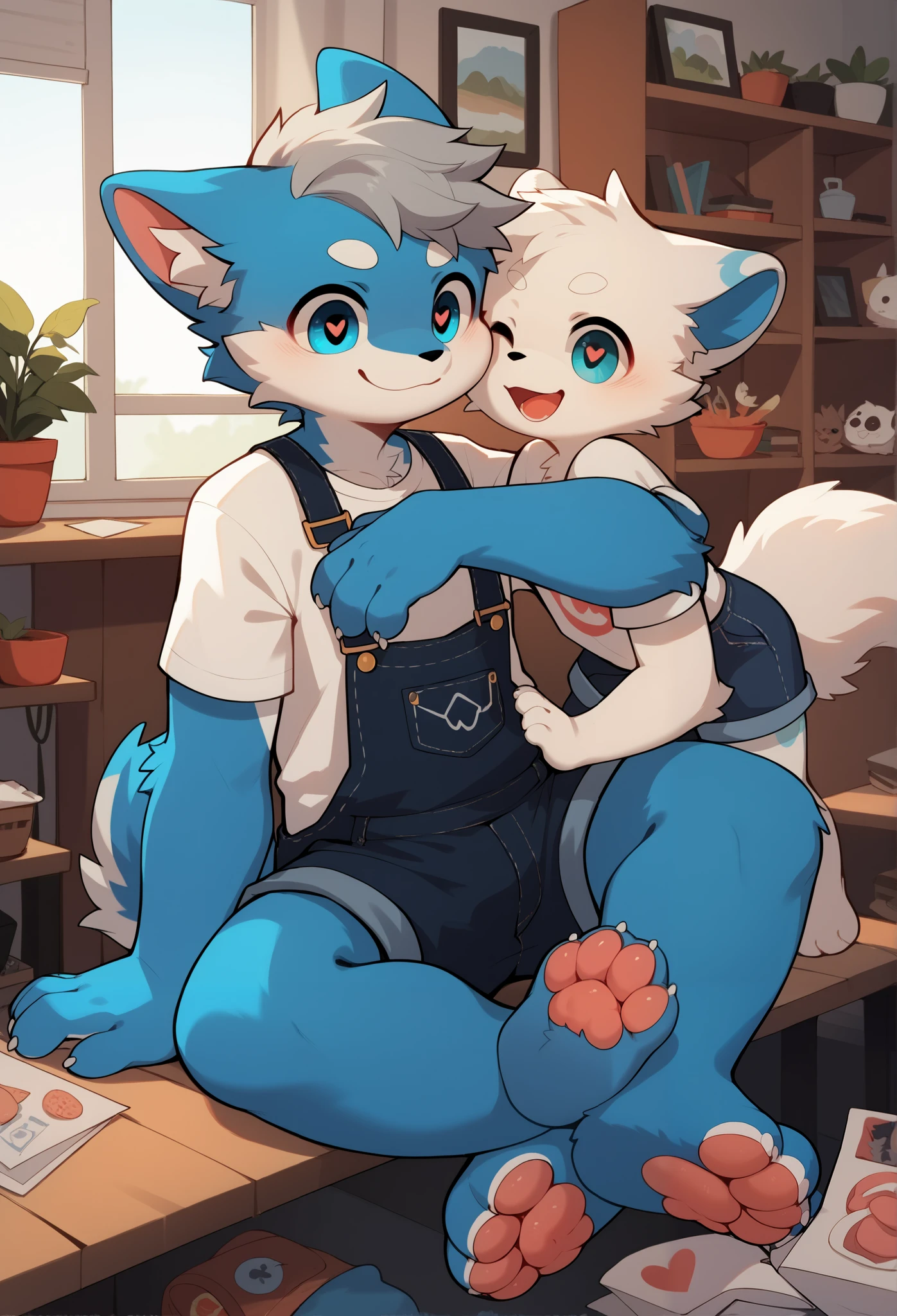 Very detailed, are excited, blue fur hair ,grey, heart eyes ,Age 11,Gray Hair, overalls ,  white t-shirt, one person, Dropped ears, horny boy ,first round,See bones , are excited,Beautiful room,participate, like fluffy fur,Cute boy fur ,smile,Sitting, fur for boys , boy fur , white t-shirt,